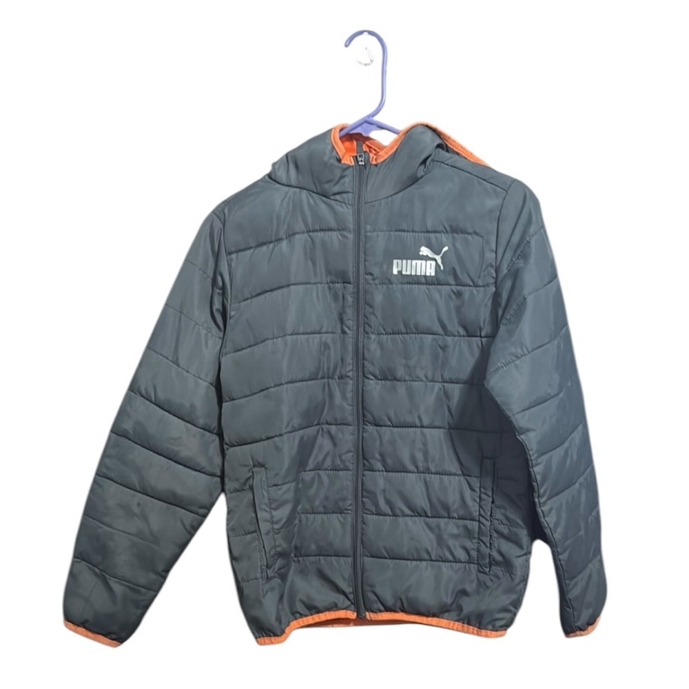 Kids PUMA Gray Hooded Puffer Jacket with Orange Trim Size L
